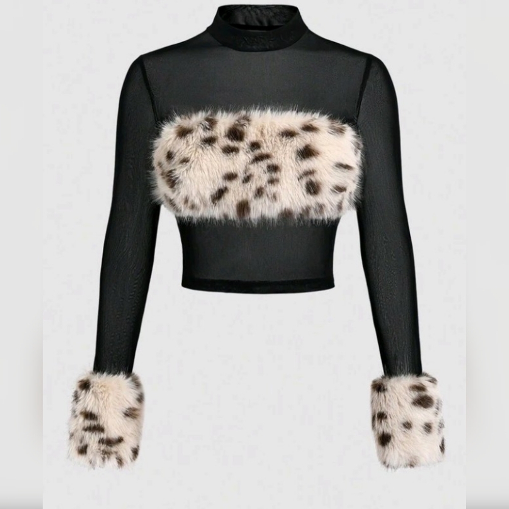 Black Sheer Top with Faux Fur Accents